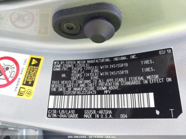 5TDYZRFH0JS258429 Toyota Highlander Limited