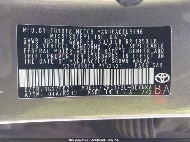 Toyota COROLLA LE 2018 5YFBURHE1JP753531 Image 9