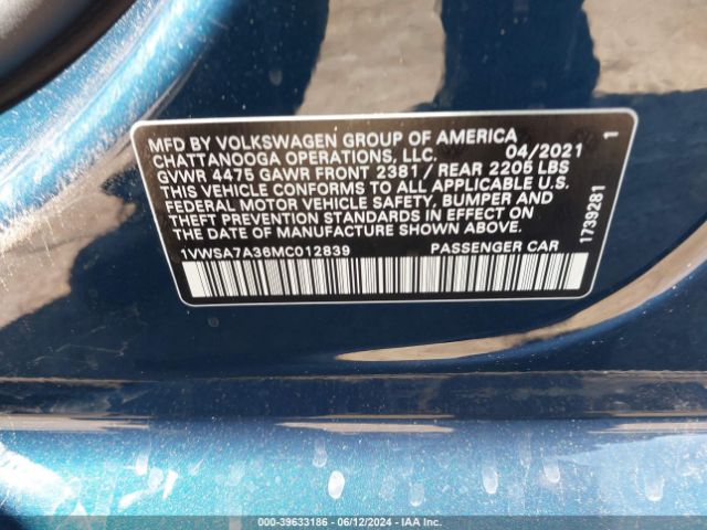 1VWSA7A36MC012839 Volkswagen Passat 2.0t Se