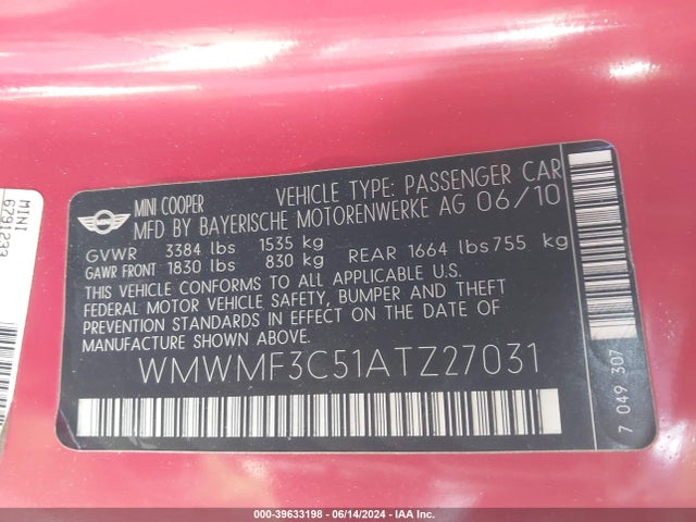 2010 MINI COOPER WMWMF3C51ATZ27031 Photo 8