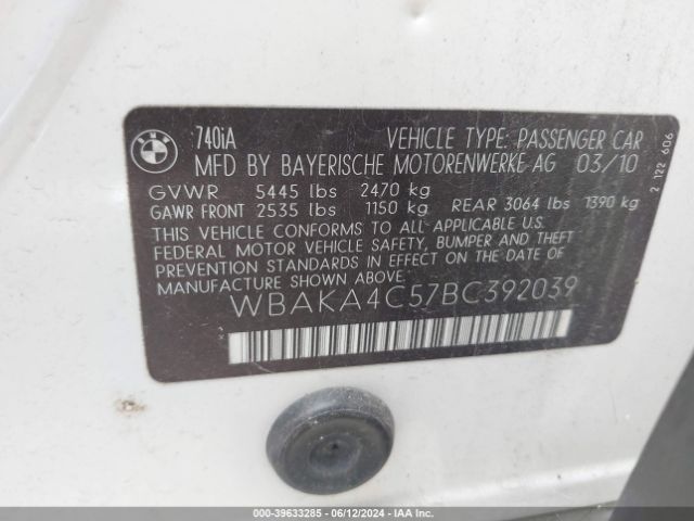 2011 BMW 740I WBAKA4C57BC392039 Photo 8