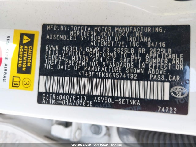 Toyota CAMRY LE 2016 4T4BF1FK6GR574192 Image 9