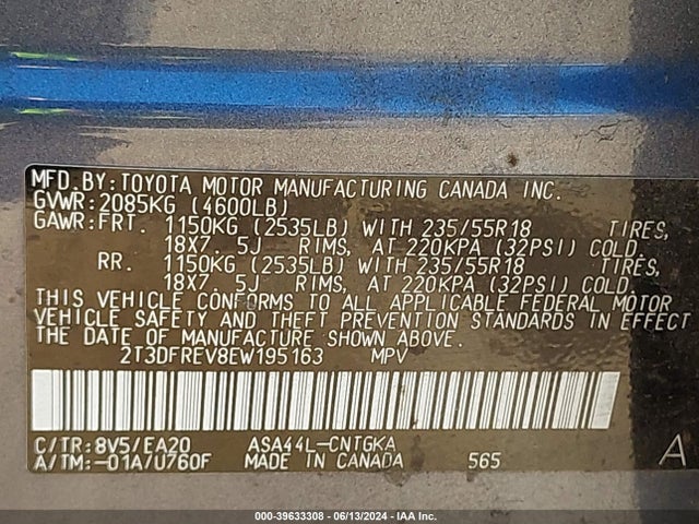 2T3DFREV8EW195163 Toyota Rav4 Limited