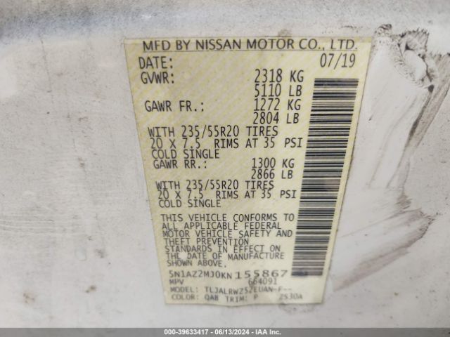 5N1AZ2MJ0KN155867 Nissan MURANO SL