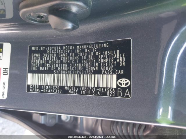 5YFBURHE2HP661757 Toyota COROLLA SE