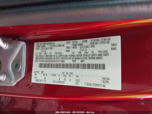 Ford ESCAPE SE 2017 1FMCU9GD5HUC01388 Image 9