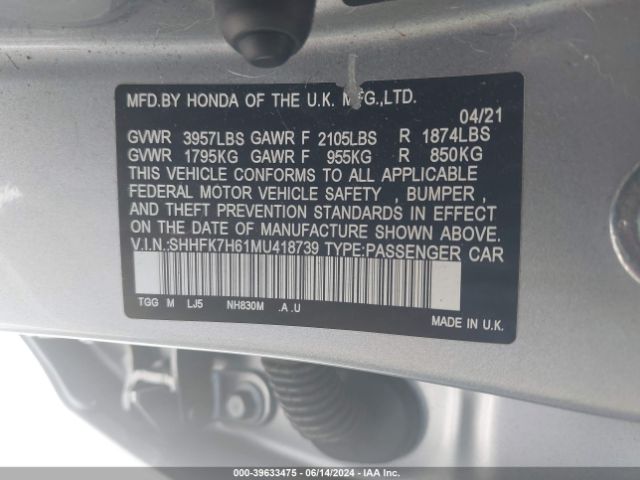 SHHFK7H61MU418739 Honda CIVIC EX