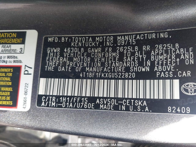 Toyota CAMRY SE 2016 4T1BF1FKXGU522820 Image 9