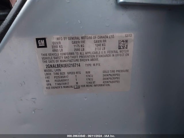 Chevrolet EQUINOX 1LT 2014 2GNALBEK0E6216714 Image 9