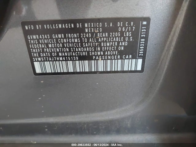 Volkswagen JETTA GLI 2017 3VW5T7AJ7HM415139 Image 9