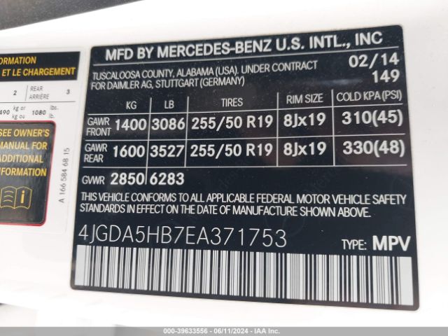 4JGDA5HB7EA371753 Mercedes-Benz Ml 350 4matic