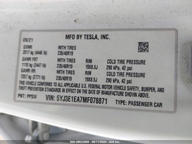 5YJ3E1EA7MF078871 Tesla Model 3 Standard Range Plus Rear-wheel Drive