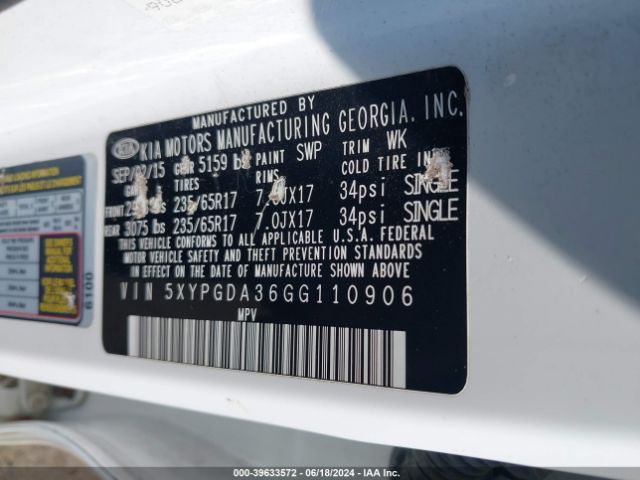 5XYPGDA36GG110906 KIA Sorento 2.4l Lx