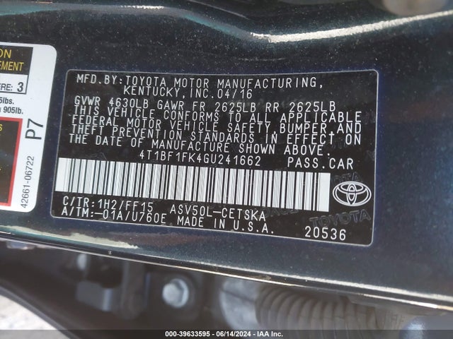 Toyota CAMRY SE 2016 4T1BF1FK4GU241662 Image 9