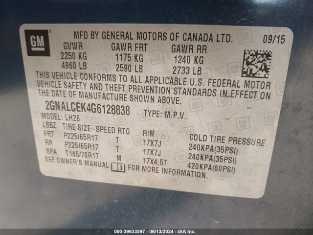 Chevrolet EQUINOX LT 2016 2GNALCEK4G6128838 Image 9