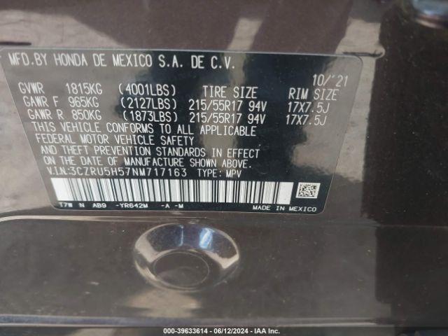 3CZRU5H57NM717163 Honda Hr-v 2wd Ex