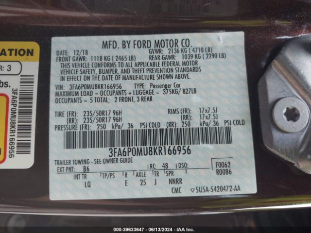 3FA6P0MU8KR166956 Ford Fusion Hybrid Sel