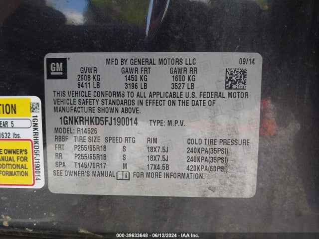 Chevrolet Traverse 2lt 2015 1GNKRHKD5FJ190014 Image 9