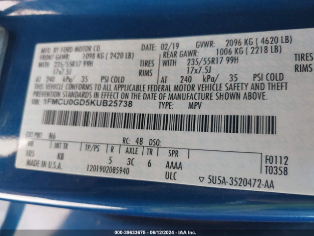 Ford ESCAPE SE 2019 1FMCU0GD5KUB25738 Image 9