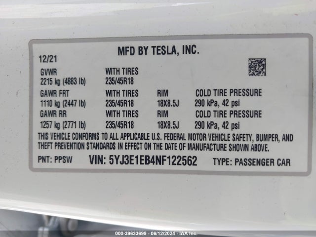 Tesla Model 3 Long Range Dual Motor All-wheel Drive 2022 5YJ3E1EB4NF122562 Image 9