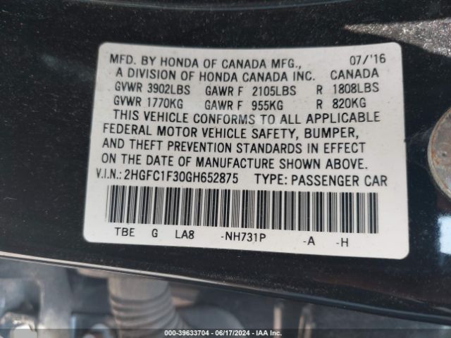 2HGFC1F30GH652875 Honda Civic Ex-t
