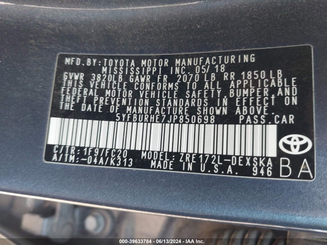Toyota COROLLA SE 2018 5YFBURHE7JP850698 Image 9
