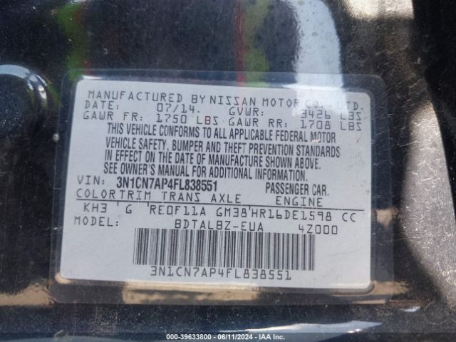 3N1CN7AP4FL838551 Nissan Versa 1.6 S/1.6 S+/1.6 Sl/1.6 Sv