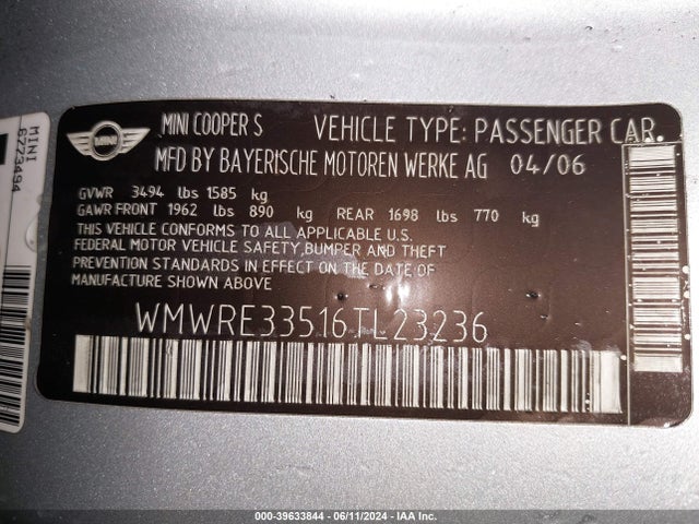 2006 MINI COOPER S WMWRE33516TL23236 Photo 8