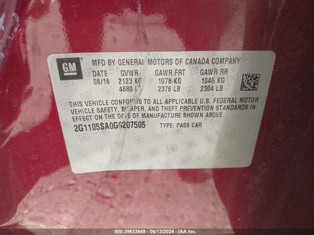 Chevrolet IMPALA 1LT 2016 2G1105SA0G9207505 Image 9