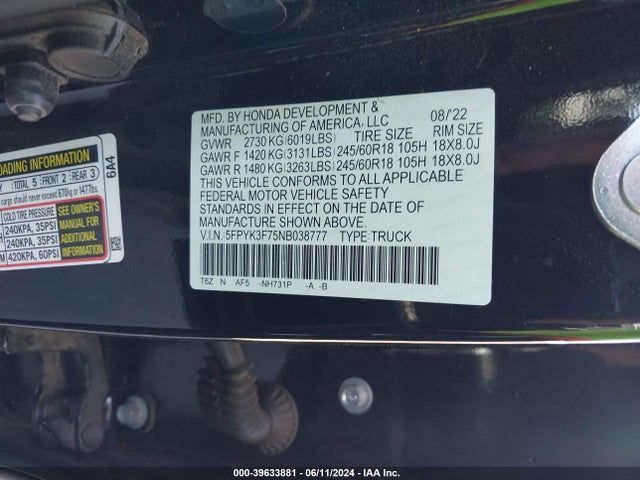 Honda Ridgeline Rtl-e 2022 5FPYK3F75NB038777 Image 9