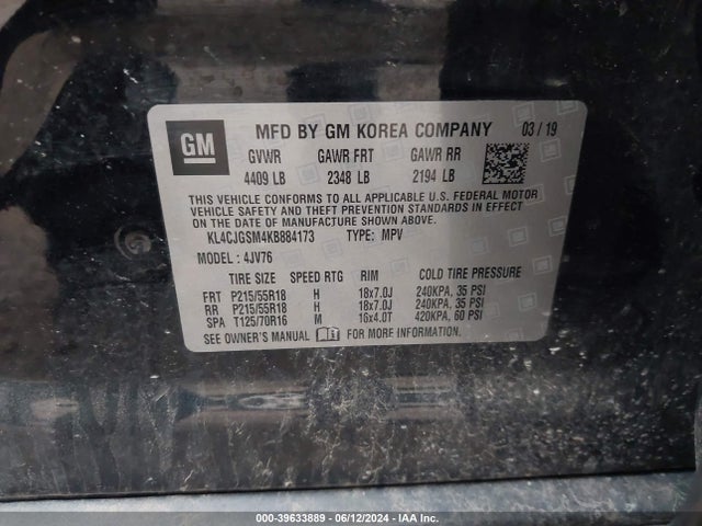 KL4CJGSM4KB884173 Buick Encore Awd Essence