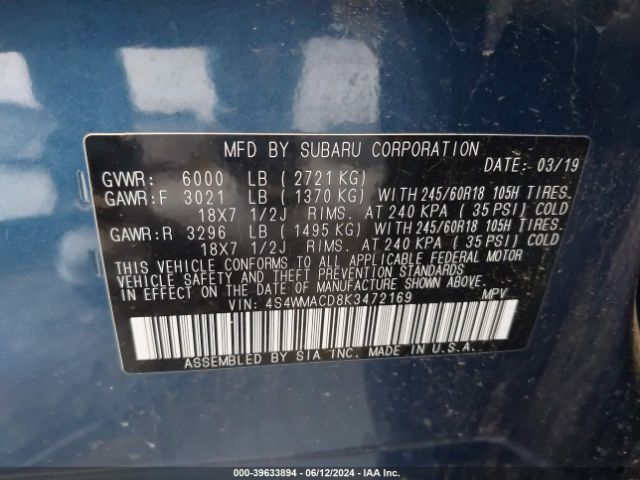 4S4WMACD8K3472169 Subaru Ascent Premium