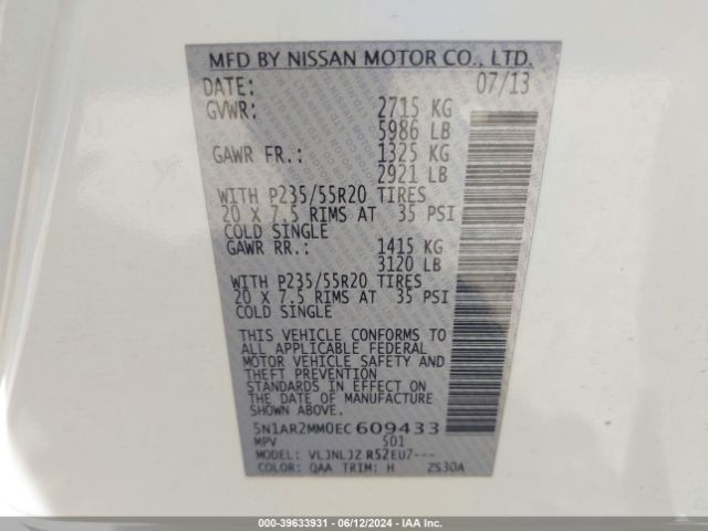 5N1AR2MM0EC609433 Nissan Pathfinder Platinum