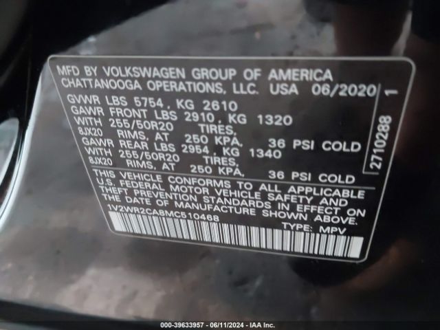 1V2WR2CA8MC510468 Volkswagen Atlas 3.6l V6 Se W/technology