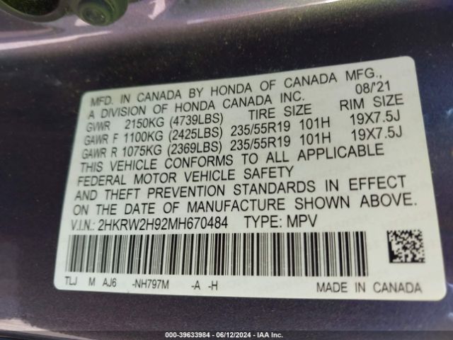 2HKRW2H92MH670484 Honda Cr-v Awd Touring