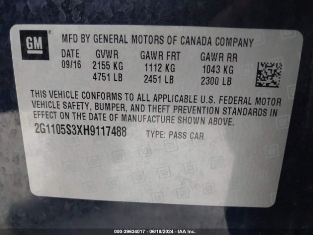 2G1105S3XH9117488 Chevrolet IMPALA 1LT