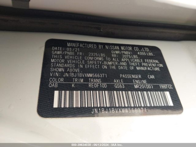 JN1BJ1BVXMW566371 Nissan Rogue Sport Sv Fwd Xtronic Cvt