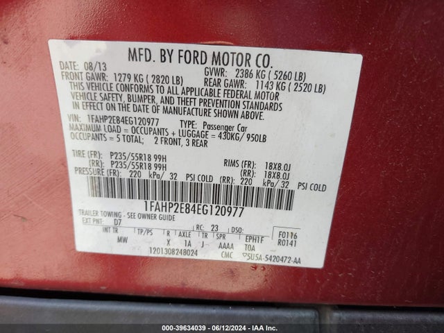 Ford TAURUS SEL 2014 1FAHP2E84EG120977 Image 9