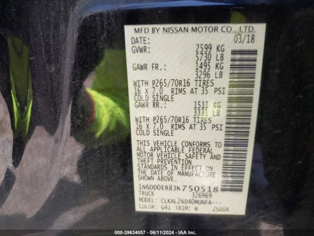 1N6DD0ER8JN750518 Nissan Frontier Sv