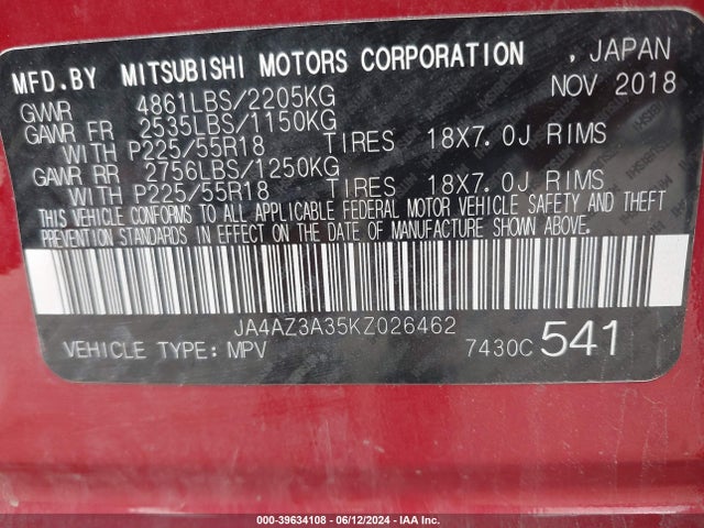 JA4AZ3A35KZ026462 Mitsubishi Outlander Sel