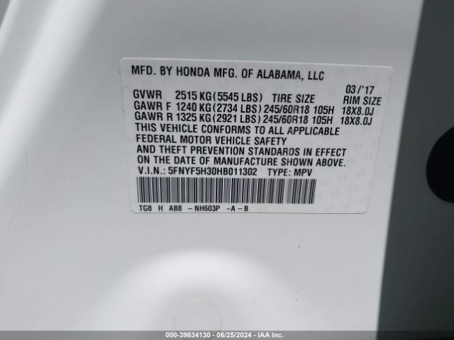 5FNYF5H30HB011302 Honda Pilot Ex