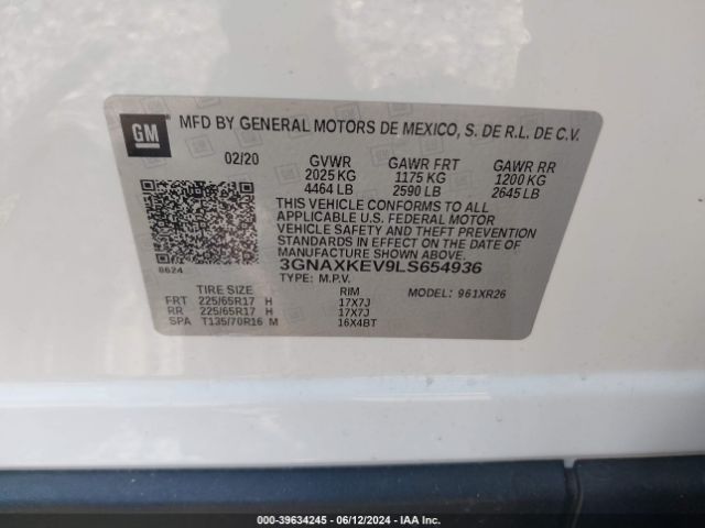 3GNAXKEV9LS654936 Chevrolet Equinox Fwd Lt 1.5l Turbo