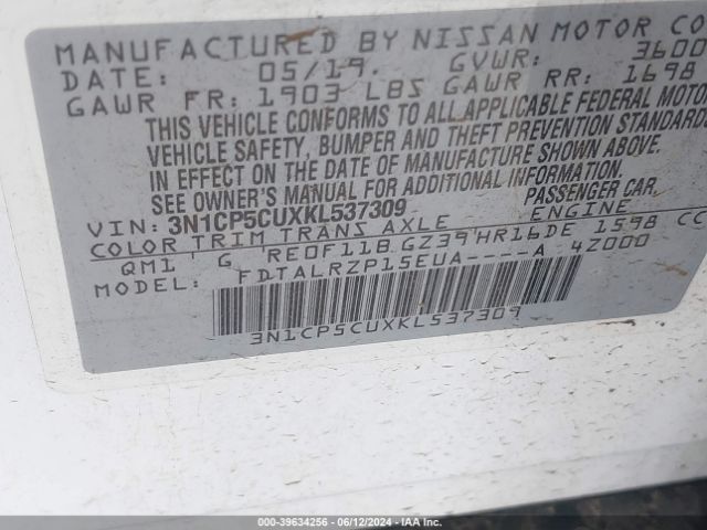 3N1CP5CUXKL537309 Nissan KICKS S