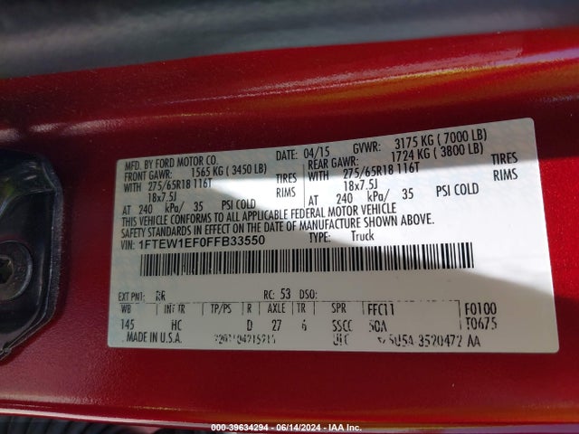 Ford F-150 Lariat 2015 1FTEW1EF0FFB33550 Image 9