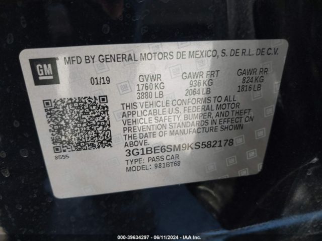 3G1BE6SM9KS582178 Chevrolet CRUZE LT