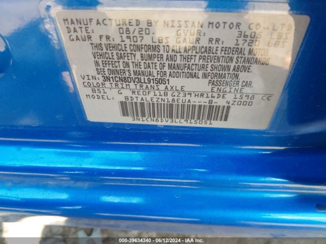 3N1CN8DV3LL915051 Nissan Versa S Xtronic Cvt