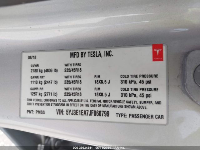5YJ3E1EA7JF060799 Tesla Model 3 Long Range/mid Range