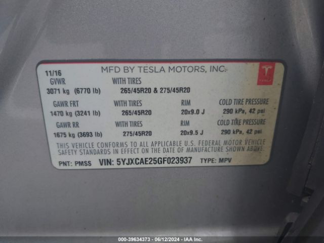 5YJXCAE25GF023937 Tesla MODEL X
