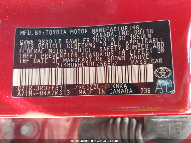 Toyota COROLLA LE 2017 2T1BURHE3HC756957 Image 9