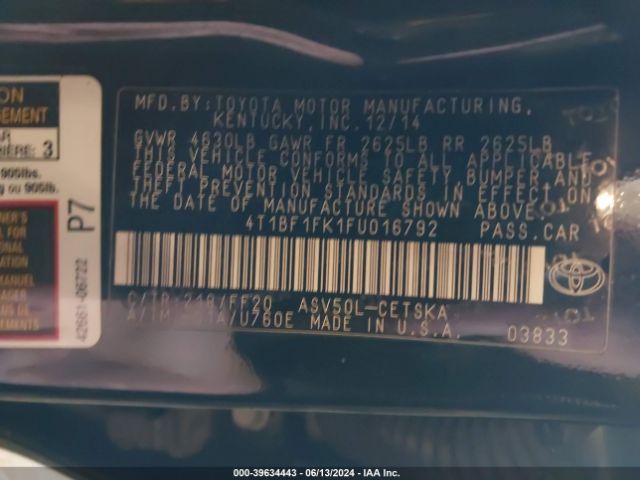 4T1BF1FK1FU016792 Toyota CAMRY SE